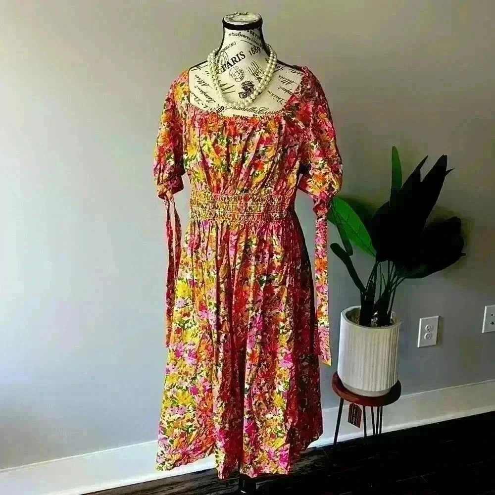 Women's Boho Square Neck Puff Short Sleeve Self Tie Front A Line Dress